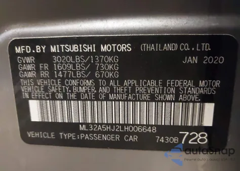 2020 Mitsubishi Mirage Le из США, поврежденный, VIN ML32A5HJ2LH006648